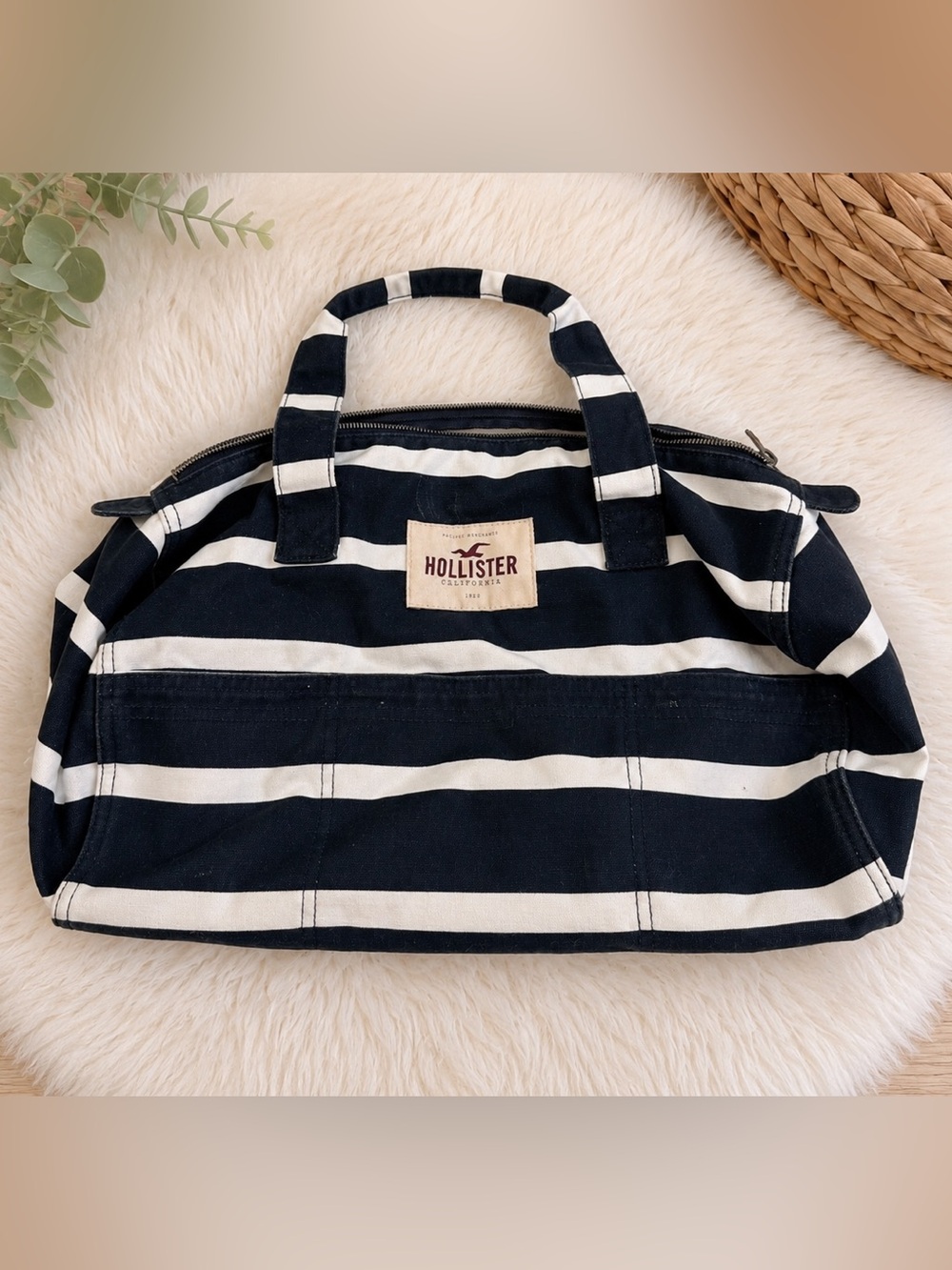 Hollister Black & White Striped Canvas Weekender Tote